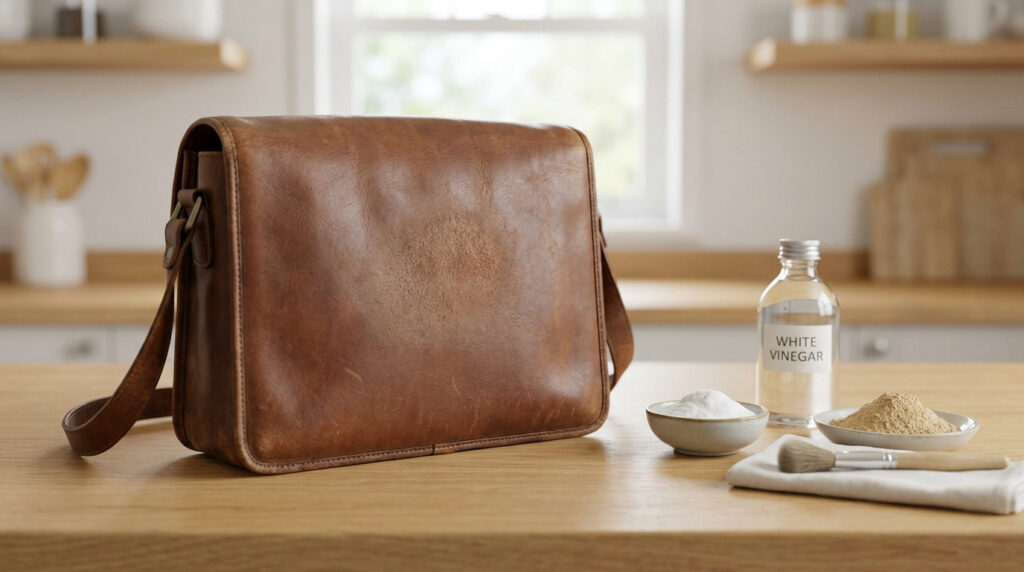 Un sac en cuir marron sur une table avec du vinaigre blanc, du bicarbonate et une brosse pour le nettoyer.