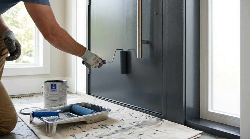 Un artisan peint une porte en acier grise à l'aide d'un rouleau à peinture dans une maison moderne.