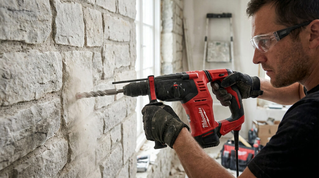 Un artisan équipé de lunettes de protection perce un mur en pierre naturelle avec un perforateur Milwaukee rouge.