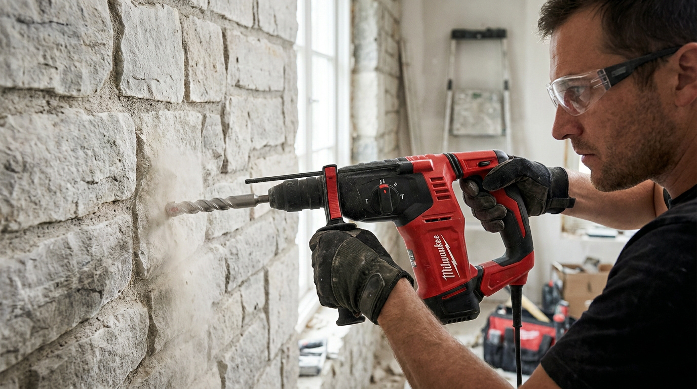 Un artisan équipé de lunettes de protection perce un mur en pierre naturelle avec un perforateur Milwaukee rouge.