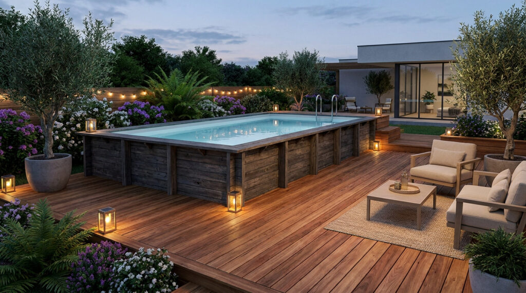 Piscine hors-sol en bois entourée d'une terrasse en bois et d'un jardin fleuri au crépuscule.