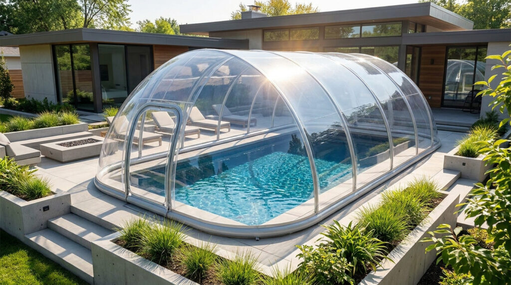 Une piscine extérieure entourée d'une terrasse moderne, protégée par un dôme gonflable transparent en plein soleil.