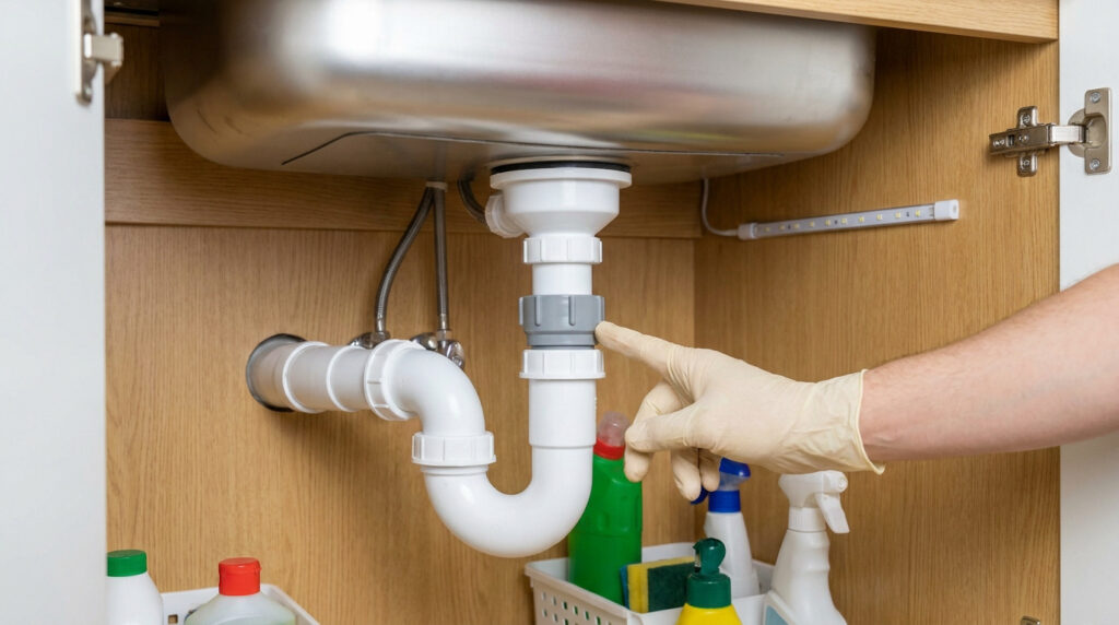 Une main gantée pointe le siphon blanc sous un évier en acier inoxydable dans un meuble de cuisine en bois.