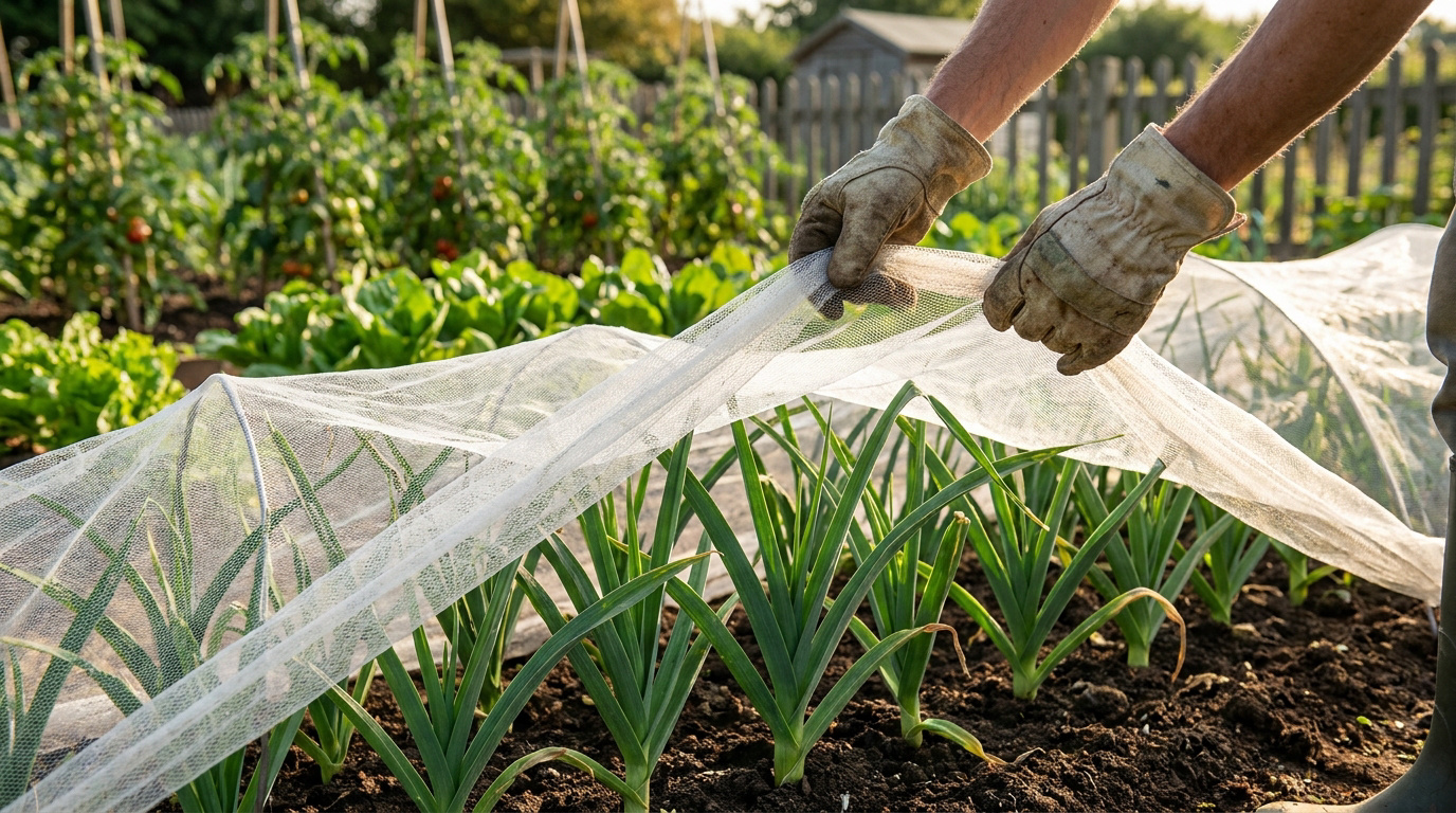 Un jardinier installe un filet de protection au-dessus d'une rangée de jeunes poireaux dans un potager ensoleillé.