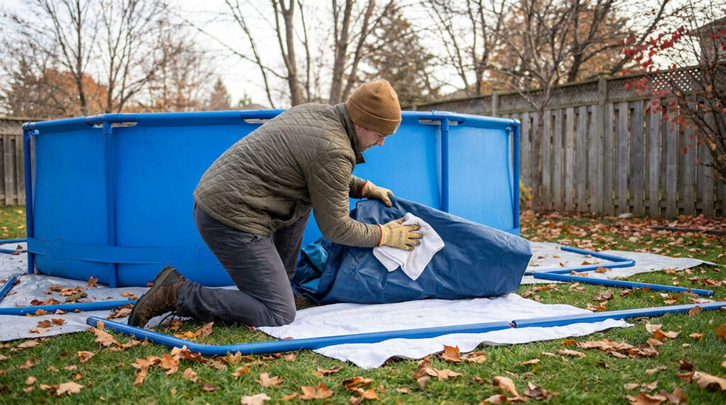 Un homme nettoie la bâche d'une piscine Intex bleue dans son jardin avant le stockage hivernal.