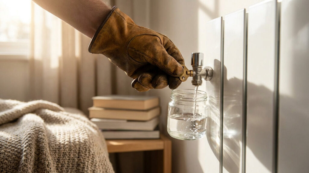 Une main gantée utilise une clé de purge pour vider l'eau d'un radiateur blanc dans un bocal en verre.