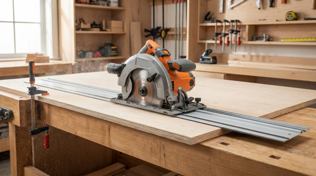 Scie circulaire orange glissant sur un rail de guidage en métal fixé sur une planche en bois dans un atelier.