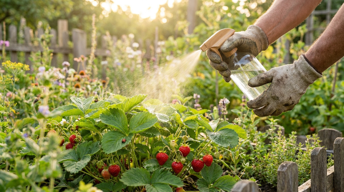 Un jardinier vaporise un traitement naturel sur des fraisiers dans un potager ensoleillé.