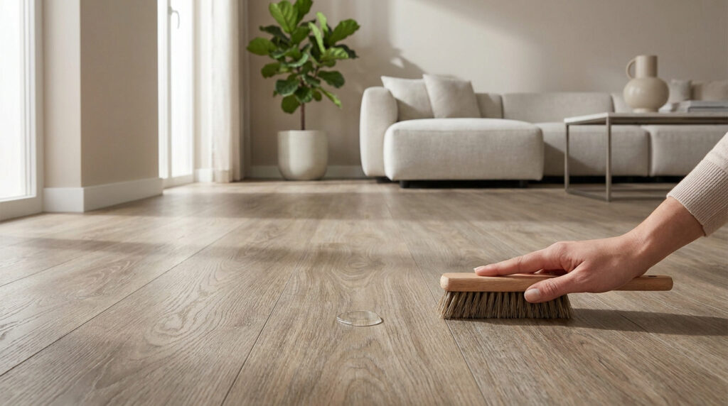 Une main nettoie une tache d'eau sur un sol vinyle aspect bois clair dans un salon moderne.