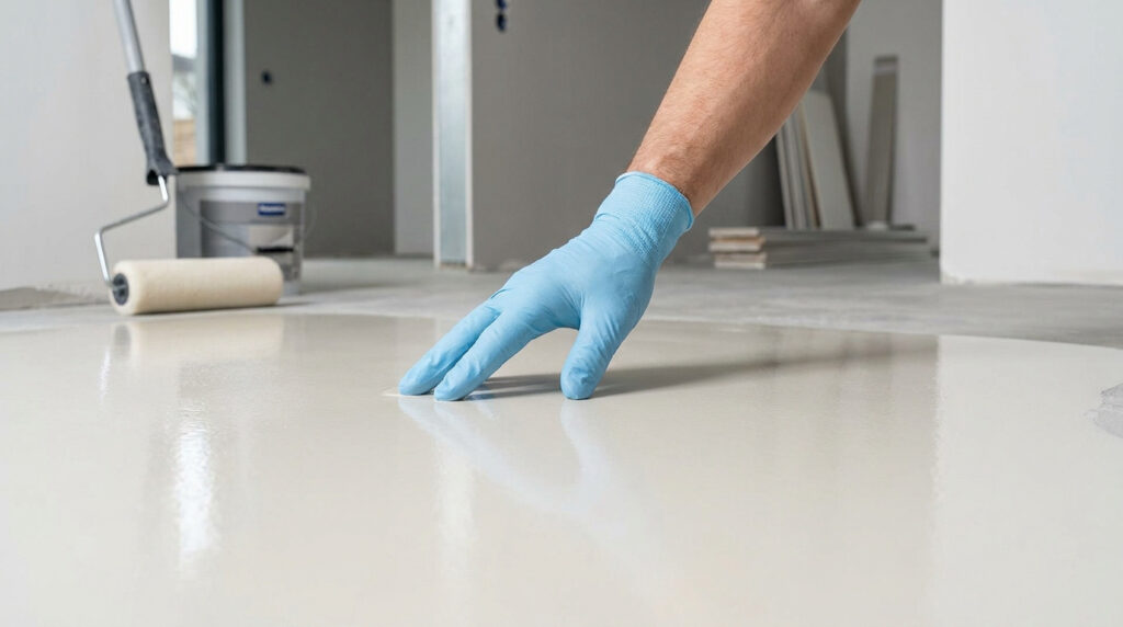 Une main gantée vérifie le séchage d'une couche de primaire appliquée uniformément sur un sol de chantier.