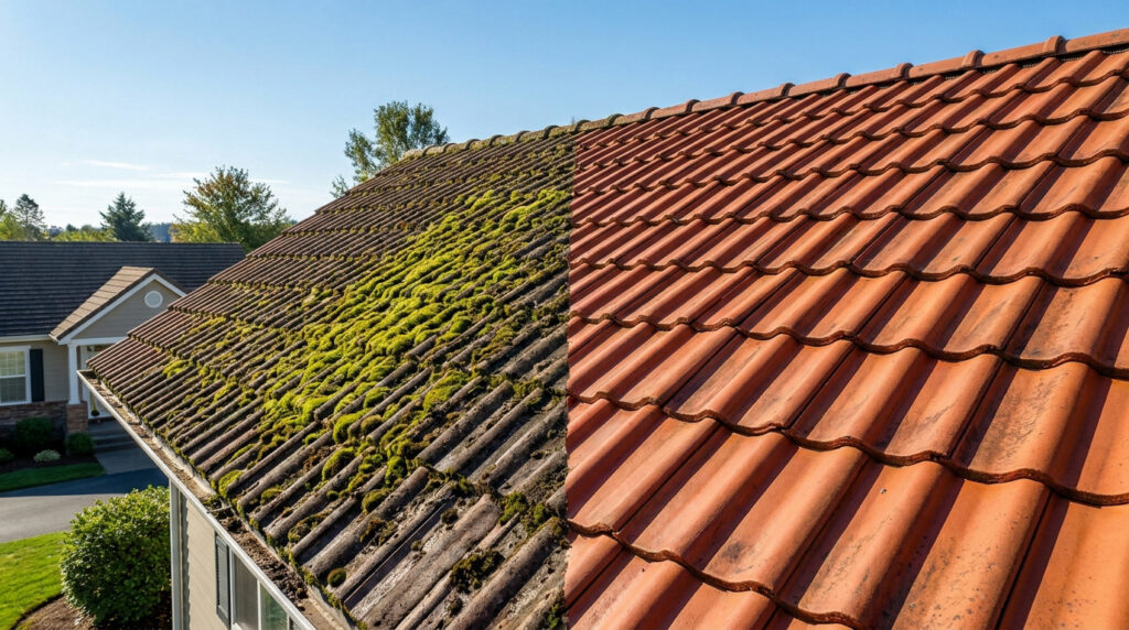 Comparaison visuelle entre une partie de toiture couverte de mousse et une partie propre et rénovée.