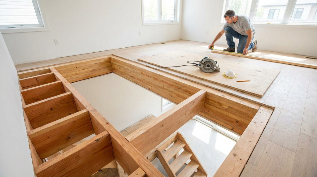 Un menuisier mesure une planche de bois à côté d'une ouverture de trémie d'escalier dans un plancher.