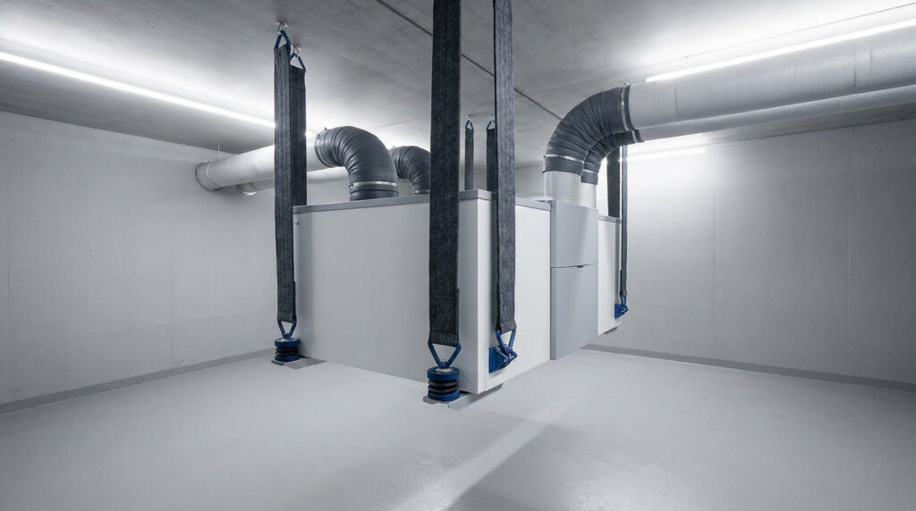 Unité de ventilation VMC suspendue au plafond par des sangles avec amortisseurs de vibrations dans une pièce propre.
