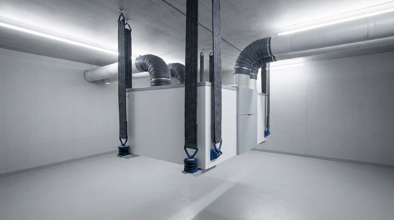 Unité de ventilation VMC suspendue au plafond par des sangles avec amortisseurs de vibrations dans une pièce propre.