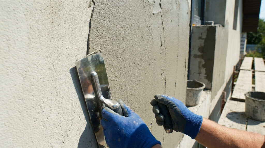 Gros plan sur un ouvrier appliquant de l'enduit sur un mur extérieur avec une taloche et une lisseuse.