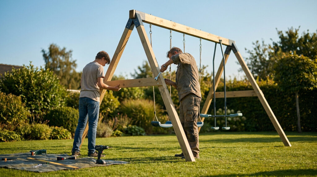 Un père et son fils assemblent un portique en bois Soulet dans un jardin ensoleillé avec des outils au sol.
