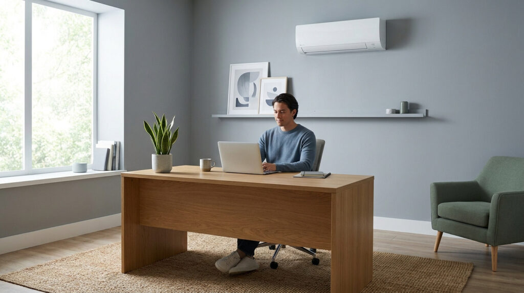 Un homme travaille sur son ordinateur portable dans un bureau moderne équipé d'un climatiseur mural silencieux.