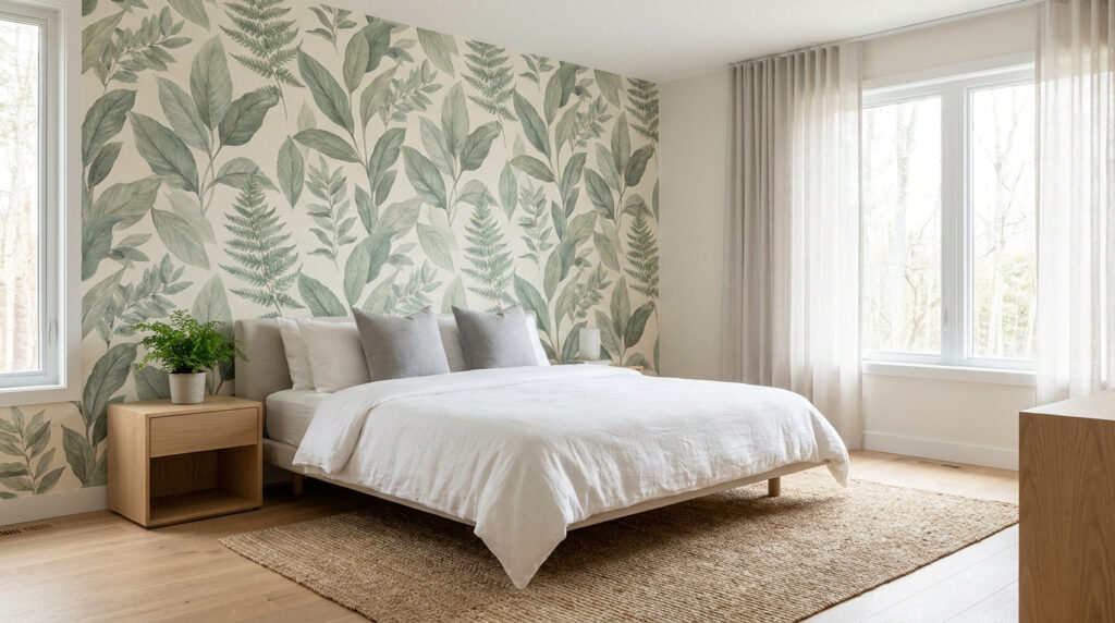 Une chambre moderne et lumineuse avec un mur d'accent orné d'un papier peint végétal aux tons verts et crème.