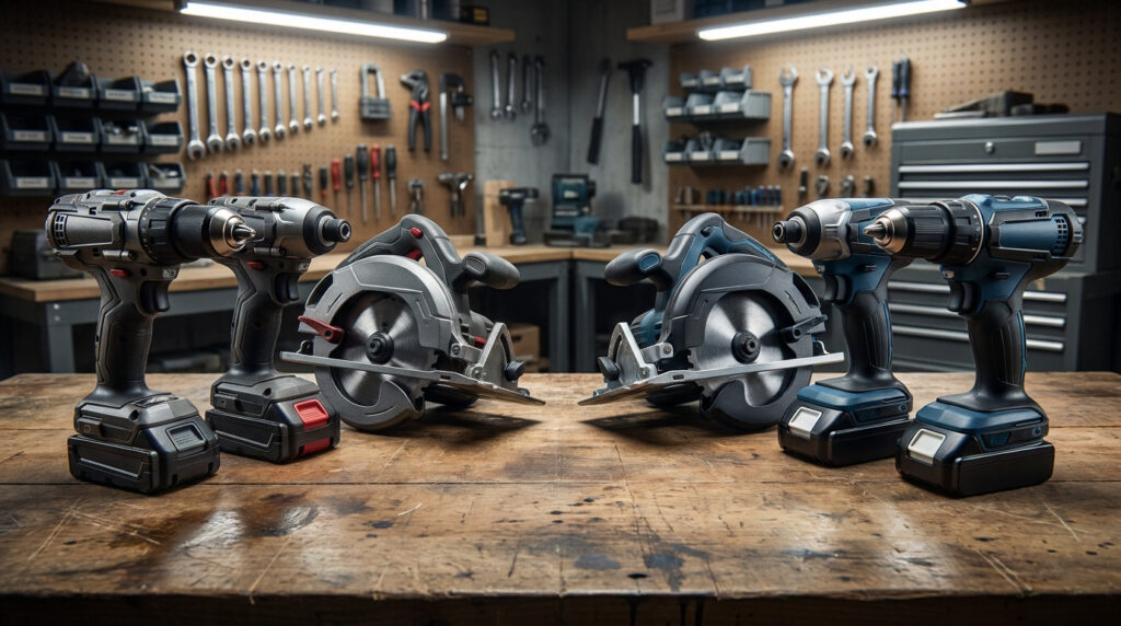 Comparaison d'outils électroportatifs Metabo et Makita posés sur un établi dans un atelier.