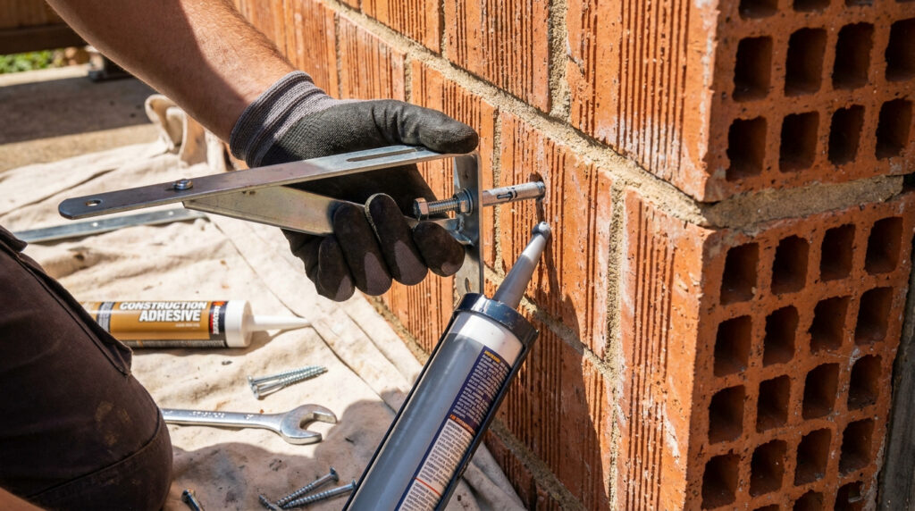 Main gantée utilisant un pistolet à colle pour fixer un support de store banne dans une brique creuse.