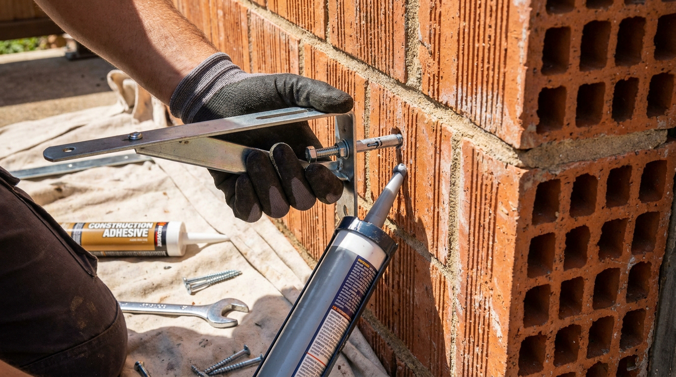 Main gantée utilisant un pistolet à colle pour fixer un support de store banne dans une brique creuse.