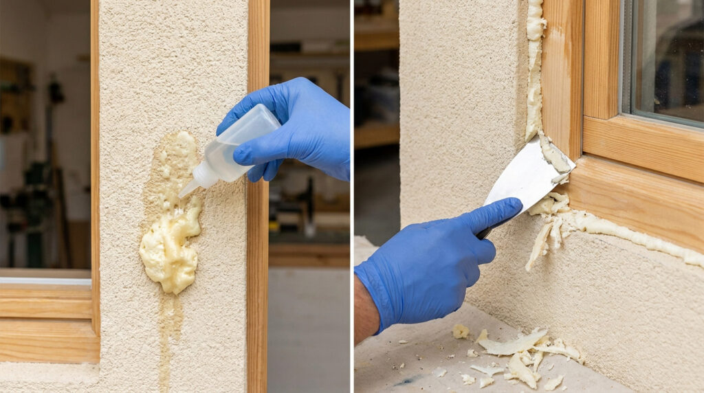 Une main gantée applique un solvant sur de la mousse expansive, puis une autre gratte les résidus avec une spatule.