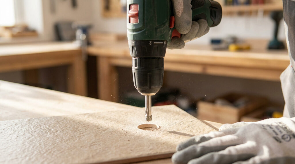 Gros plan sur une perceuse perçant un carreau dans un atelier avec des gants de protection.