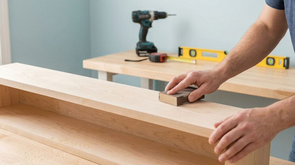 Gros plan sur les mains d'un homme ponçant une planche en bois pour une étagère DIY.