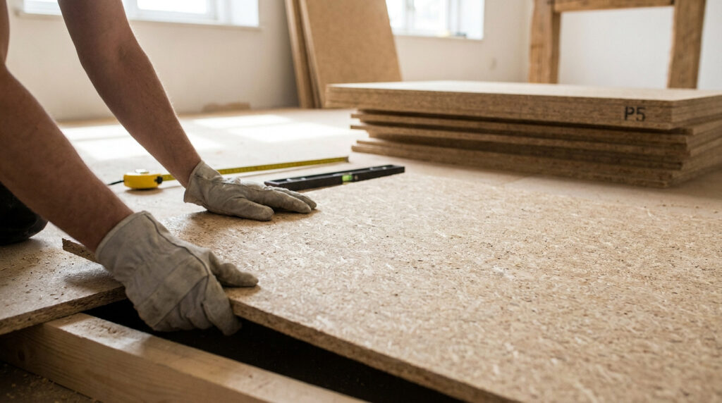 Ouvrier portant des gants installant un panneau de plancher aggloméré sur une structure en bois.