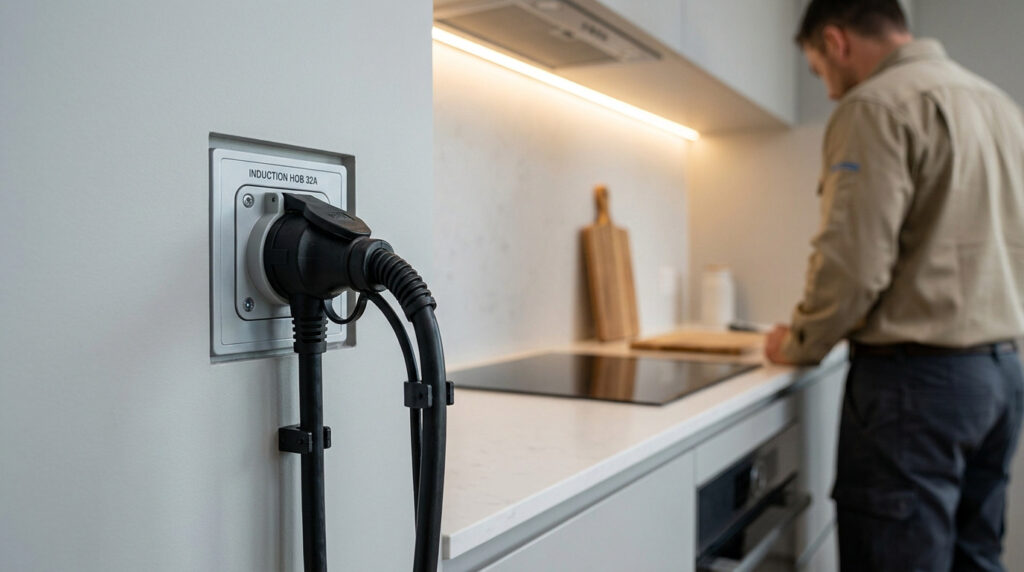 Prise électrique 32A pour plaque induction installée sur un mur de cuisine moderne avec un technicien en arrière-plan.
