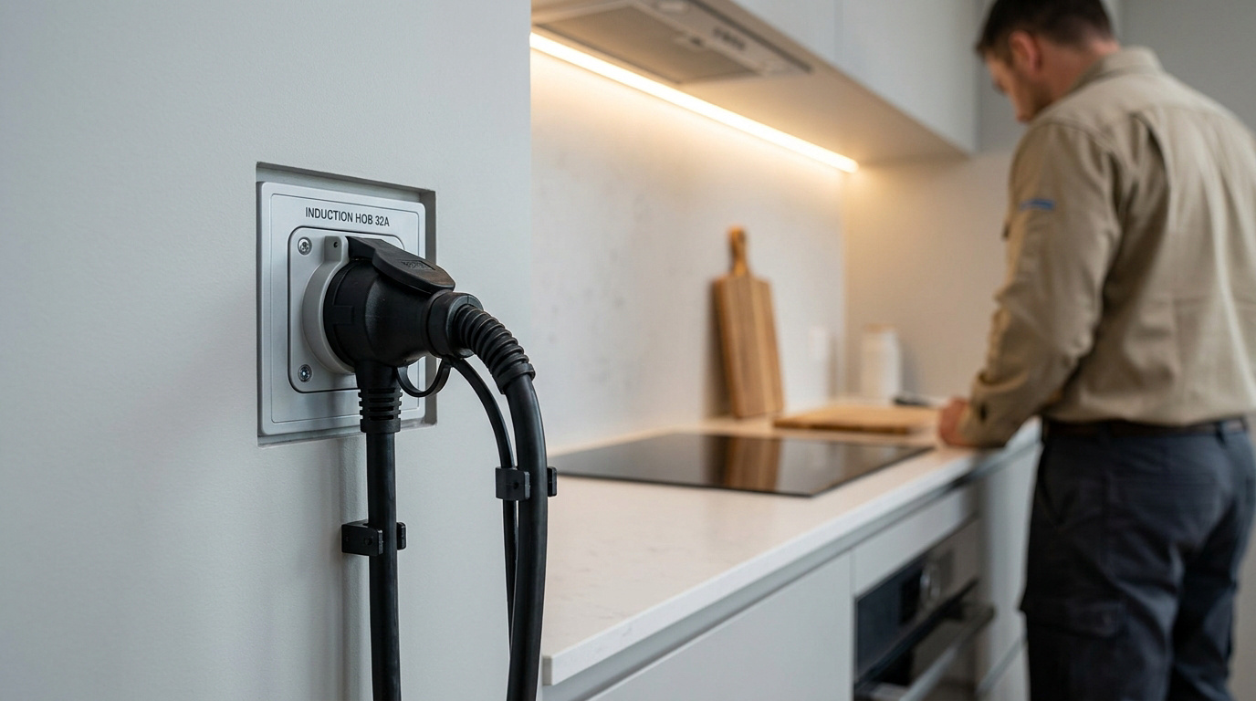 Prise électrique 32A pour plaque induction installée sur un mur de cuisine moderne avec un technicien en arrière-plan.