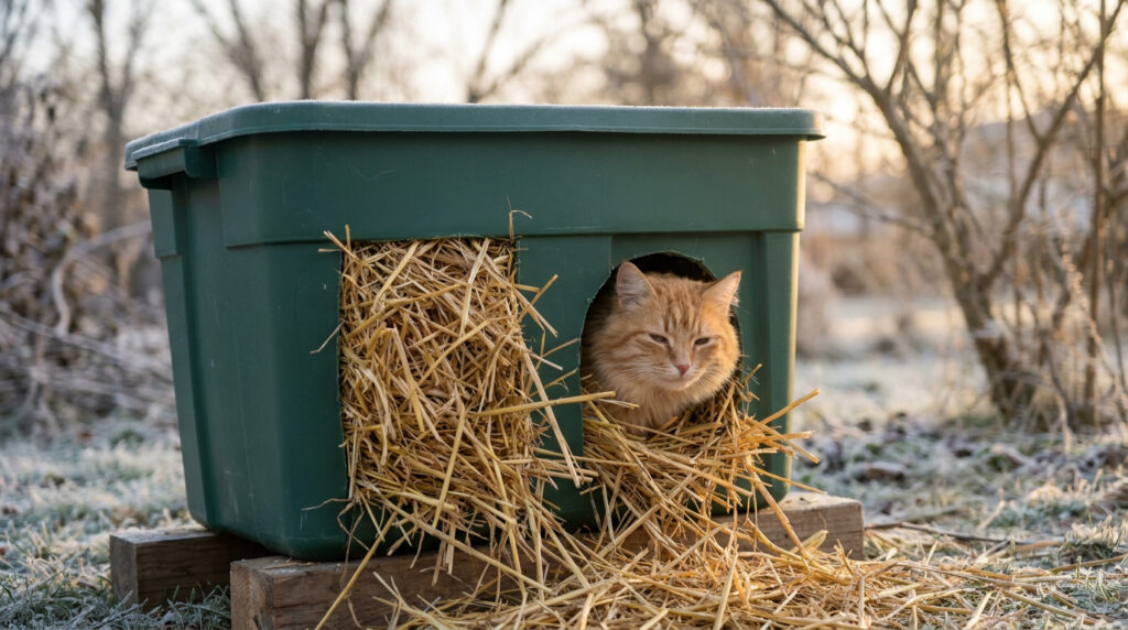 Un chat roux blotti dans un abri fait maison en bac plastique vert rempli de paille, posé sur un sol givré.