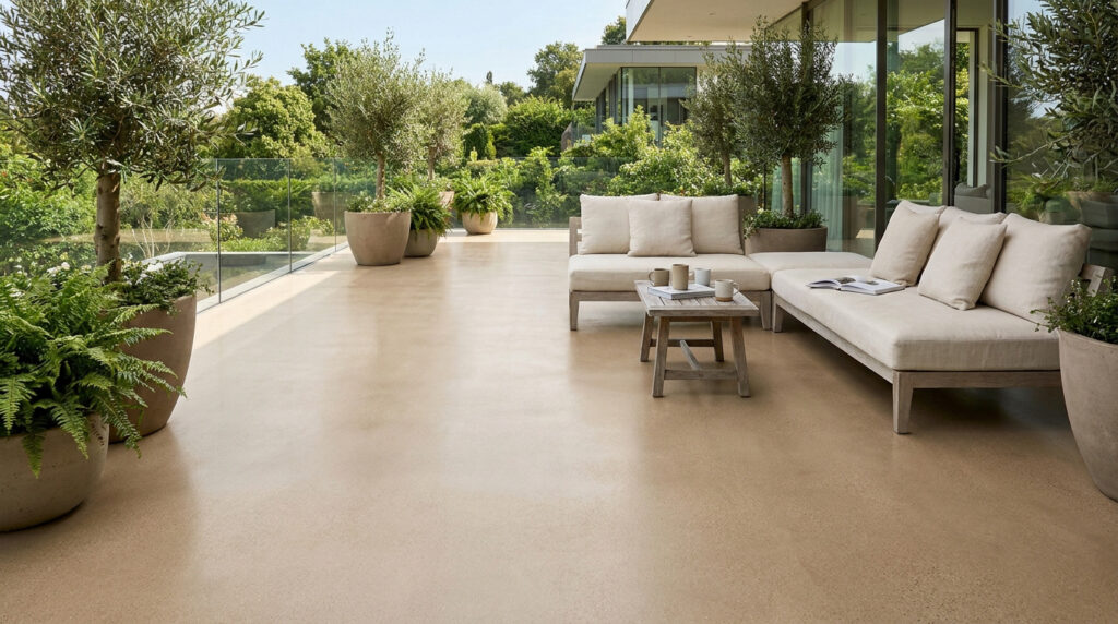 Une terrasse spacieuse avec un sol en béton beige lisse, agrémentée de canapés modernes et de grands pots d'oliviers.