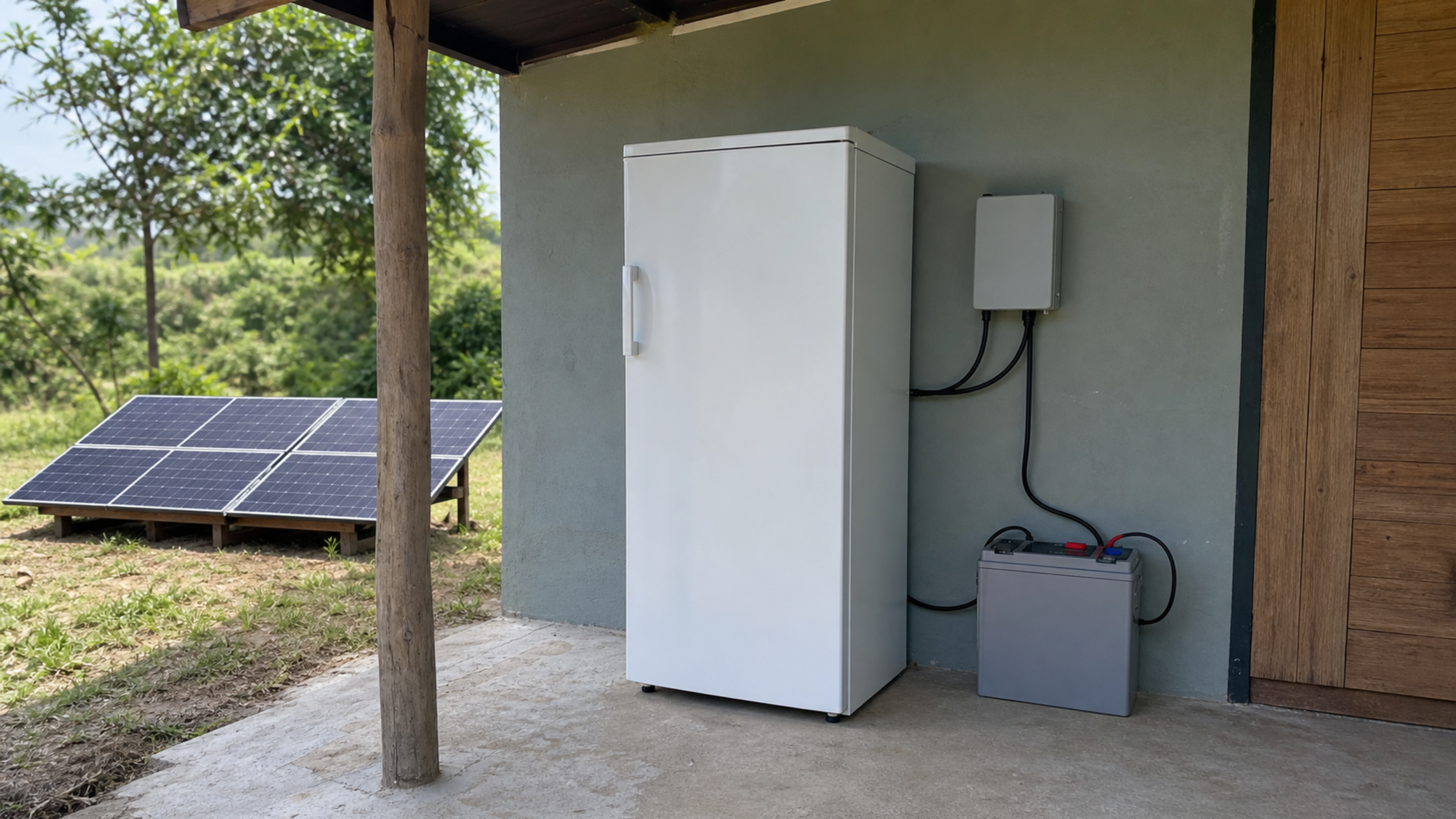 Illustration éditoriale pour l’article « Comment brancher un frigo sur panneau solaire en 2026 »
