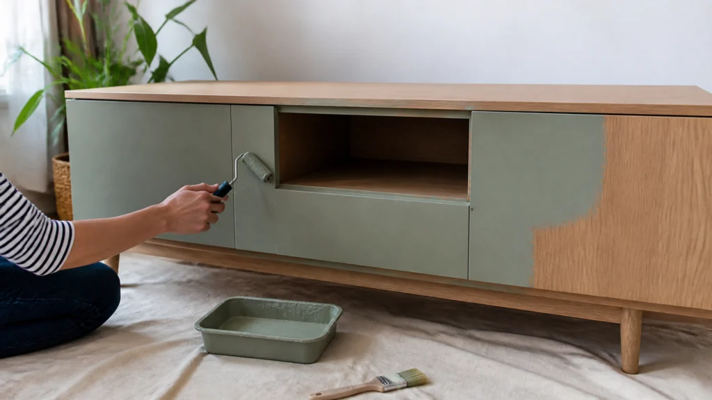 Illustration éditoriale pour l’article « Comment repeindre votre meuble TV pour un relooking moderne »