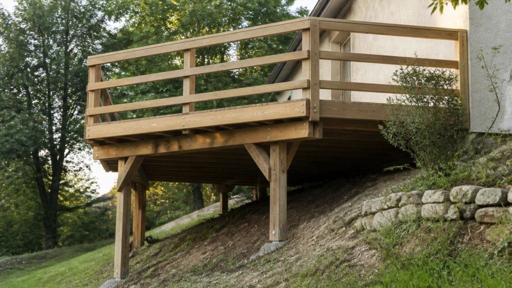 Illustration éditoriale pour l’article « Terrasse bois sur pilotis sur terrain en pente : le guide »