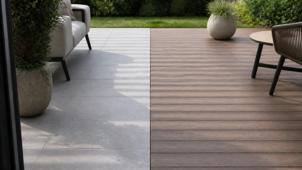 Illustration éditoriale pour l’article « Terrasse carrelage et bois composite : le comparatif 2026 »