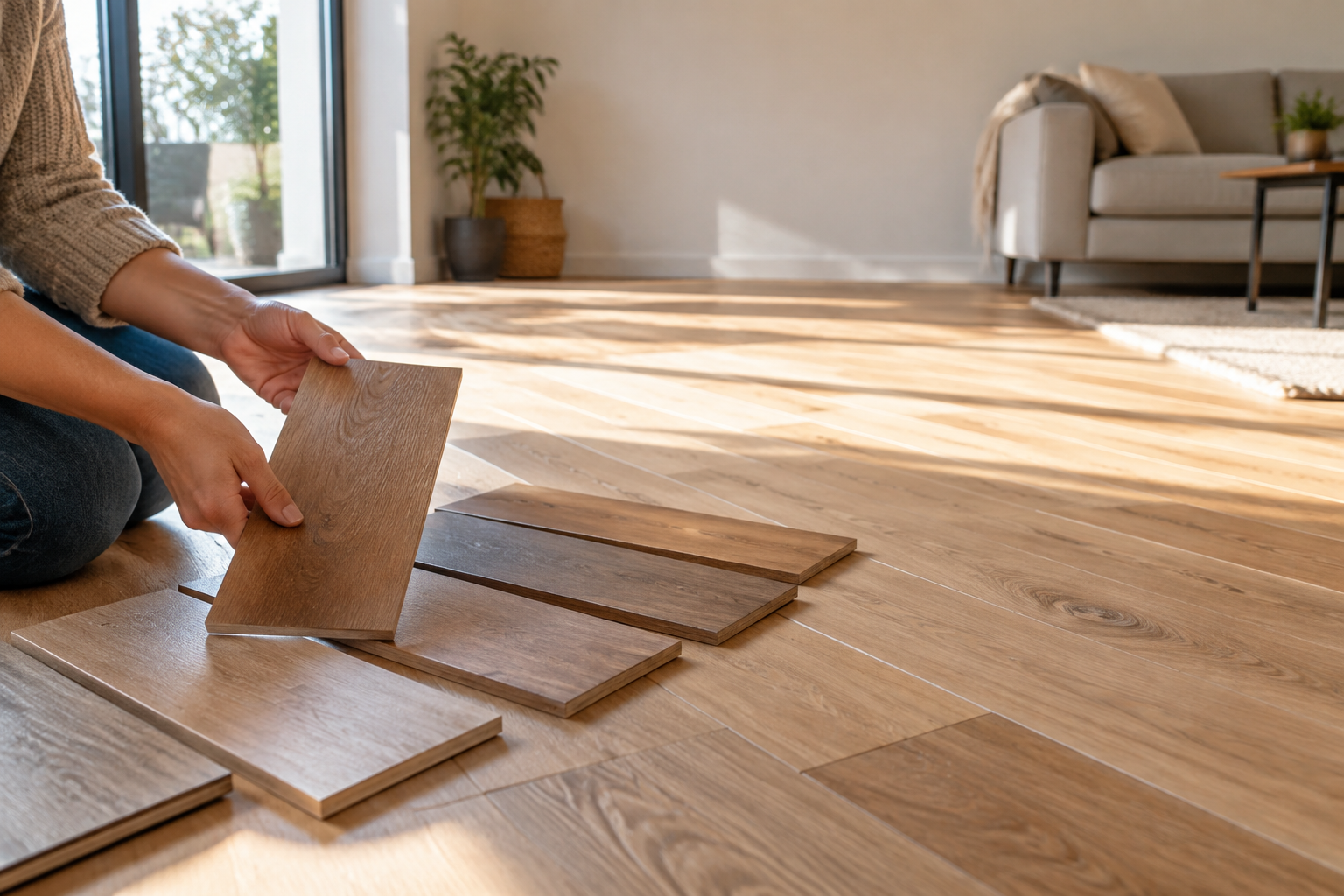 Comparaison de lames de parquet contrecollé en bois clair.