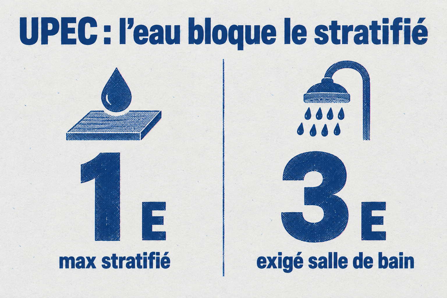 Le stratifié plafonne à l'indice E1 de tenue à l'eau, alors qu'une salle de bain exige E3.