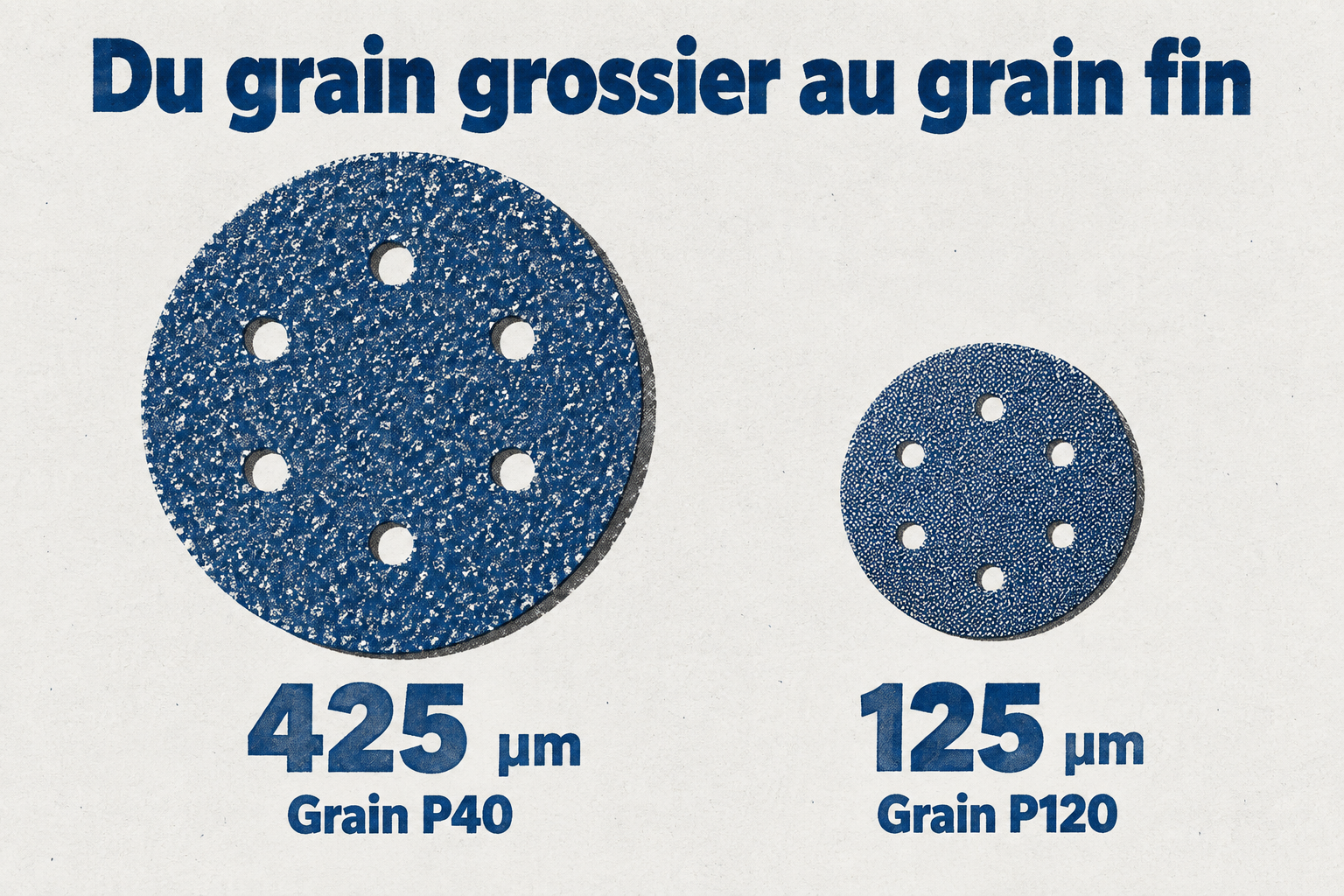 Comparaison de la taille des grains : P40 fait 425 micromètres, P120 fait 125 micromètres.
