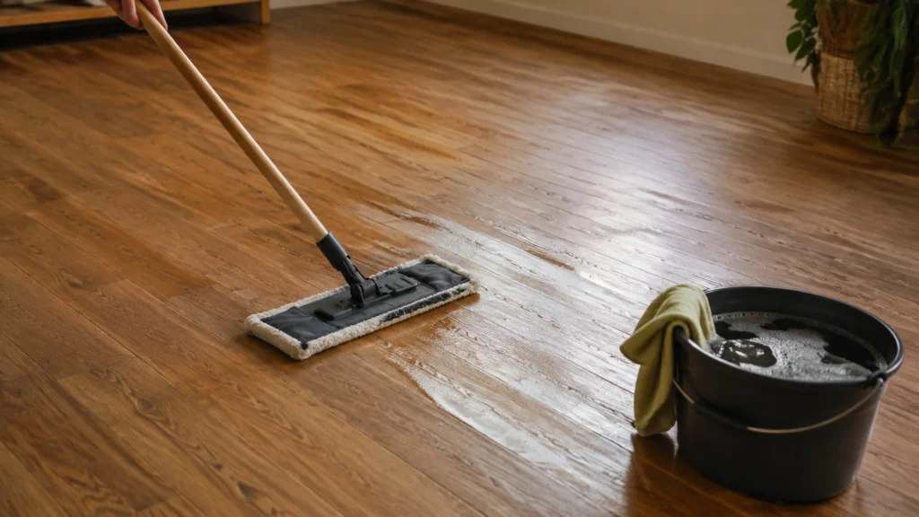 Illustration éditoriale pour l’article « Bien nettoyer votre parquet huilé au savon noir : mode d'emploi »