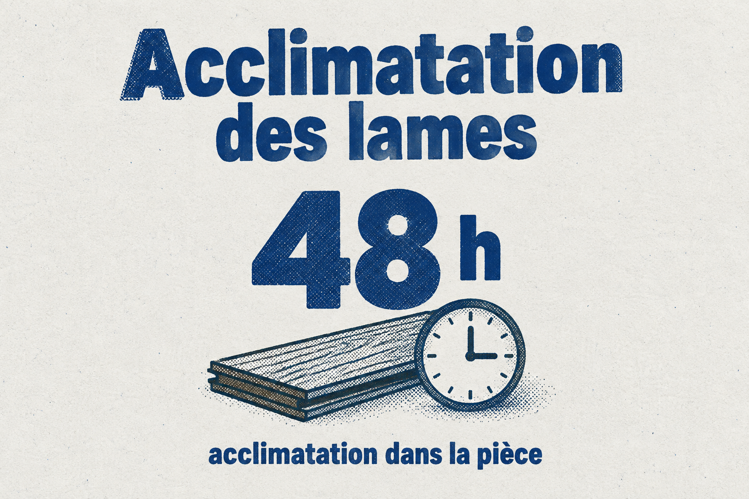 Une infographie indique qu'il faut acclimater les lames de parquet 48 heures dans la pièce avant la pose.