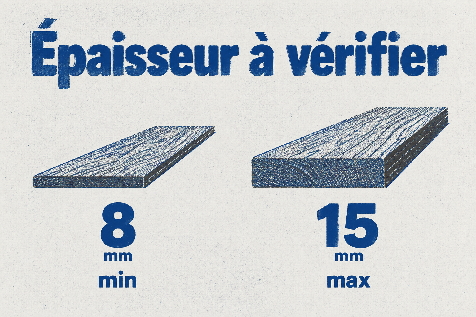 Une infographie compare une lame de 8 mm d'épaisseur et une lame de 15 mm d'épaisseur, montrant la plage d'épaisseur totale pour un parquet flottant.