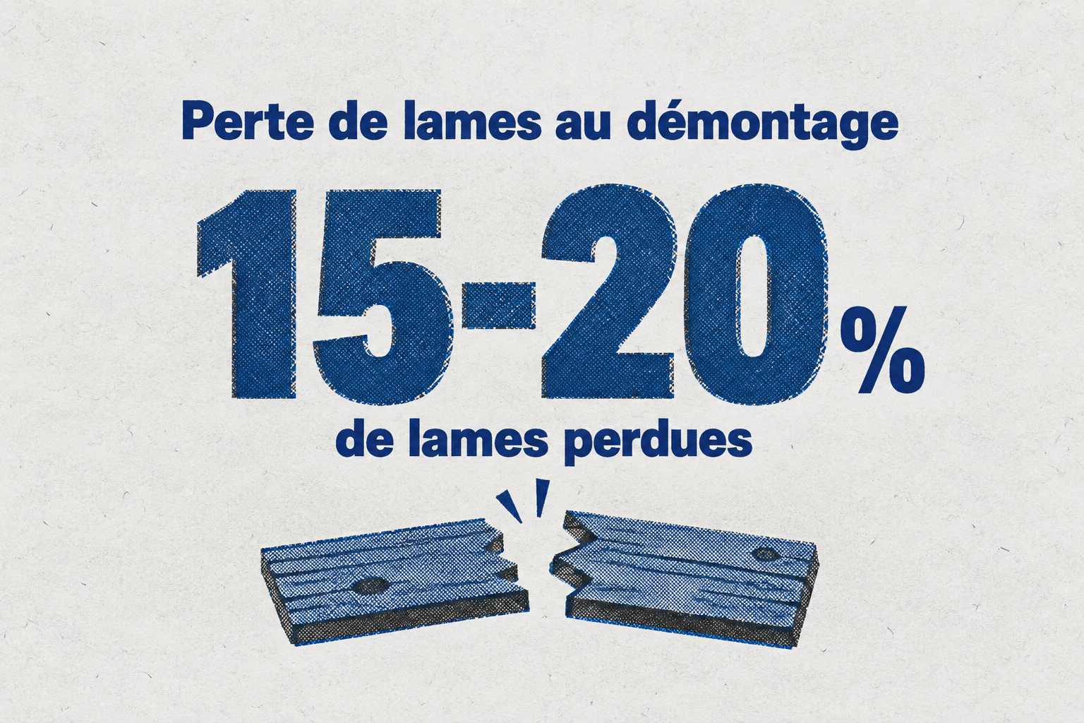 Illustration risographe montrant un grand chiffre 15-20 % avec une icône de lame cassée, pour illustrer la perte de lames lors du démontage d'un parquet flottant.