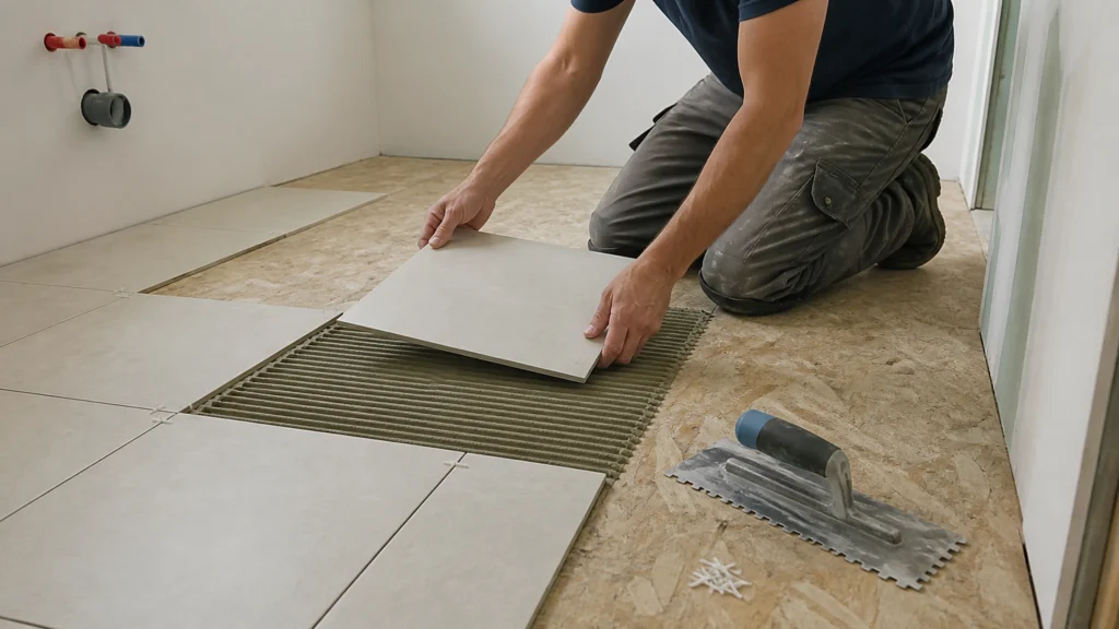 Illustration éditoriale pour l’article « Réussir la pose de carrelage sur osb salle de bains »