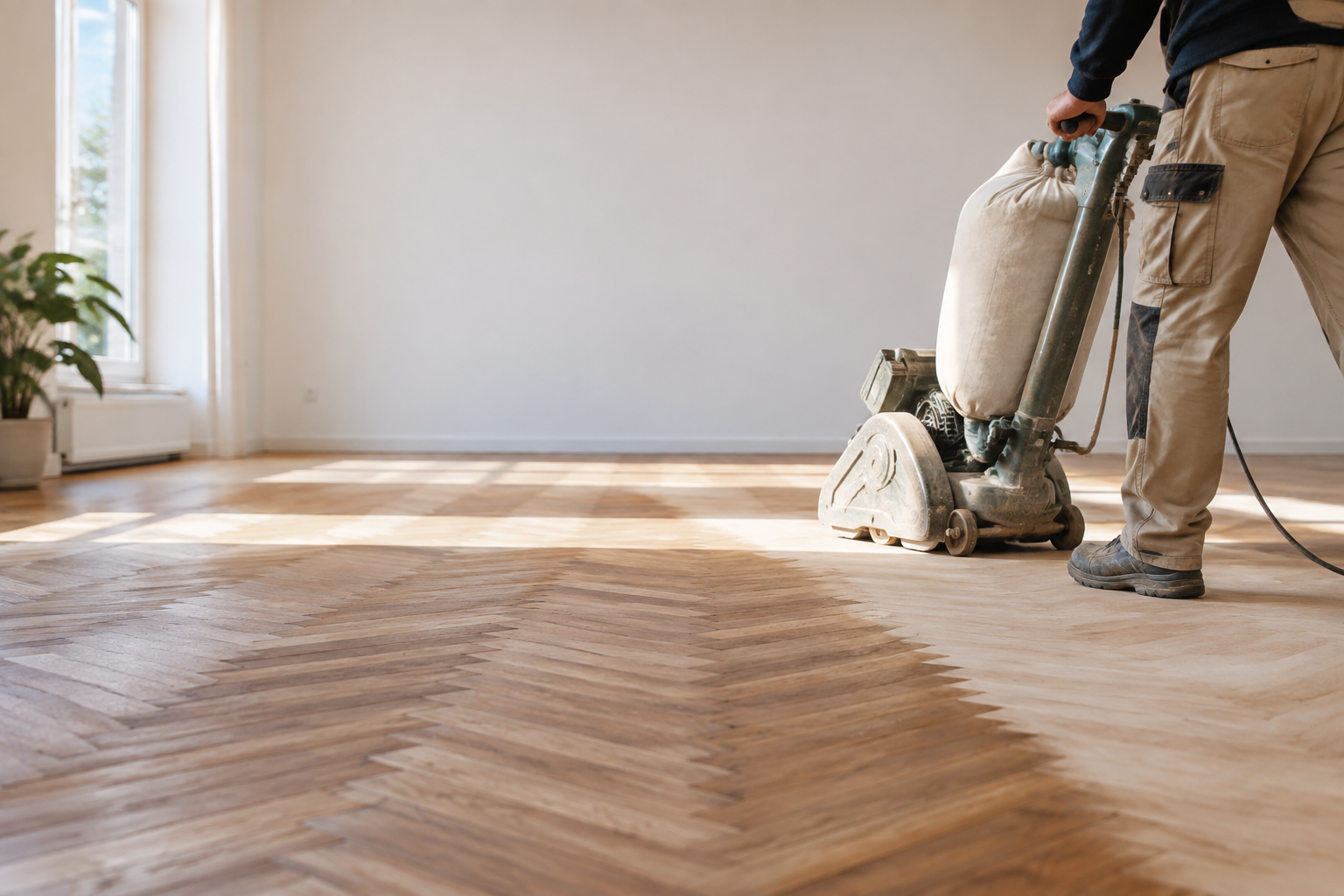 Ponçage d’un parquet en chevrons avec une ponceuse professionnelle.