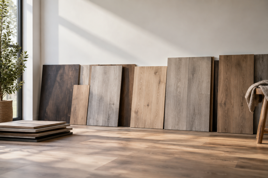 Plusieurs échantillons de lames de parquet stratifié aux textures bois variées posés contre un mur dans une pièce lumineuse.