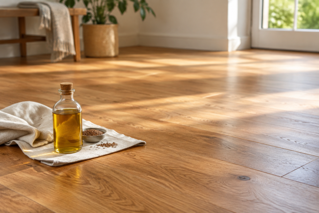 Bouteille d'huile de lin et graines sur un chiffon posés sur un parquet en bois clair baigné de lumière naturelle.