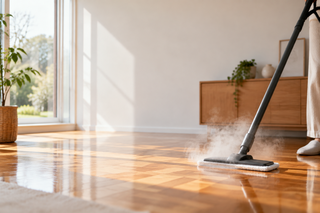 Une personne nettoie un parquet brillant avec un balai vapeur dans une pièce lumineuse.