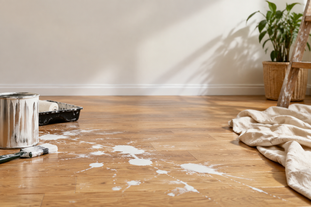 Taches de peinture blanche sur un parquet en bois avec un pot de peinture, un pinceau et une bâche de protection.